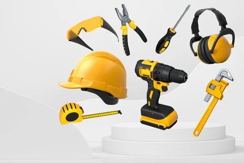 Construction tools and safety equipment floating over podium on abstract ba.. Ilustração Stock