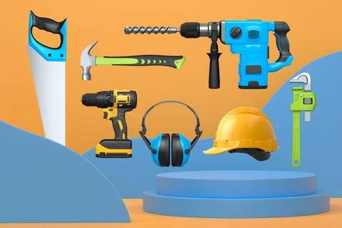 Construction tools and safety equipment floating over podium on abstract ba.. Ilustração Stock