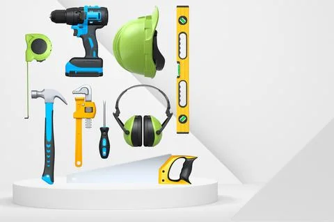 Construction tools and safety equipment floating over podium on abstract ba.. 스톡 일러스트