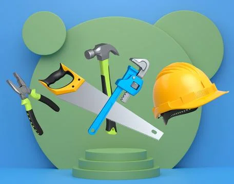 Construction tools and safety equipment floating over podium on abstract ba.. Ilustração Stock