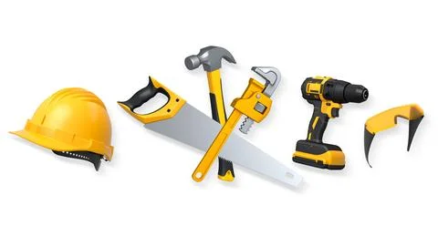 Construction tools and safety equipment shown on white background. Concept .. Stock Illustration