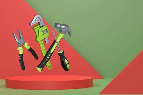 Construction tools and safety equipment floating over podium on abstract ba.. Ilustración de archivo
