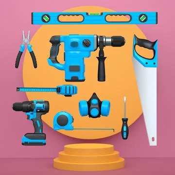 Construction tools and safety equipment floating over podium on abstract ba.. Ilustración de archivo