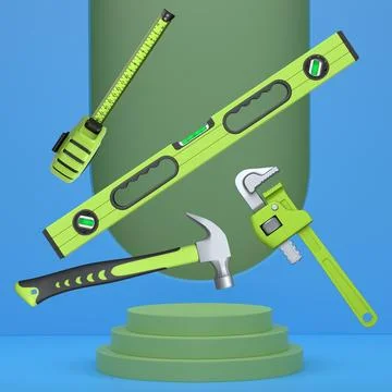 Construction tools and safety equipment floating over podium on abstract ba.. Ilustración de archivo
