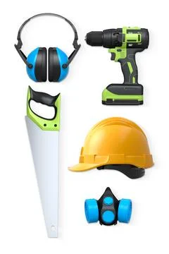 Construction tools and safety equipment including helmet, saw, drill, and e.. Stock Illustration