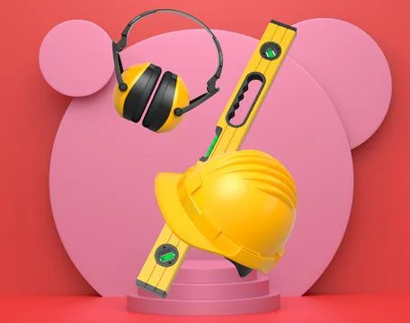Construction tools and safety equipment floating over podium on abstract ba.. Stock Photos