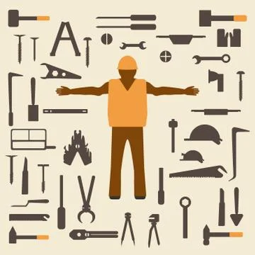Construction tools and worker silhouette icons set.  Design suitable  vector Stock Illustration