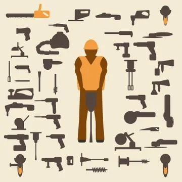 Construction tools and worker silhouette icons  set. Design suitable and Stock Illustration