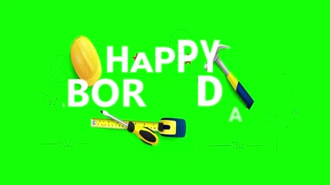 Construction tools and yellow hard hat on green screen background for chroma Stock Footage 343908446