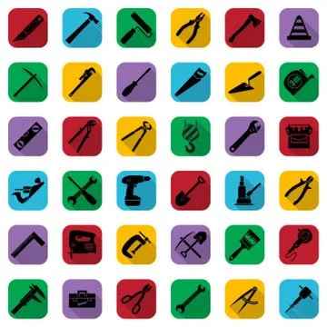 Construction tools black icons set on a color square. Vector industrial signs Stock Illustration
