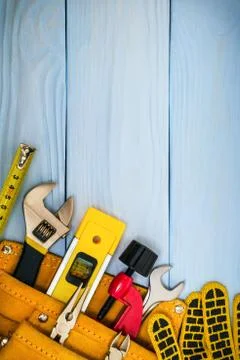 Construction tools on blue boards prepared by a craftsman before work Stock Photos