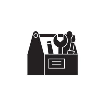 Construction tools box black vector concept icon. Construction tools box flat Stock Illustration