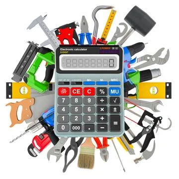 Construction tools with calculator, 3D rendering Stock Illustration