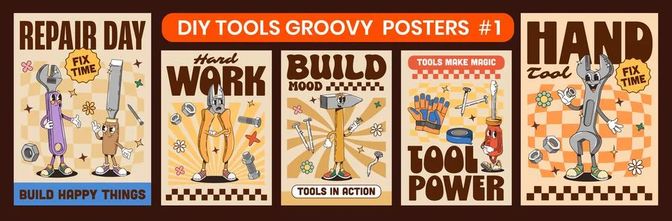 Construction tools characters groovy posters Stock Illustration
