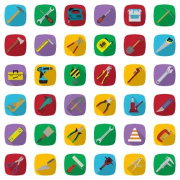 Construction tools color icons set. Vector industrial signs collection. Stock Illustration