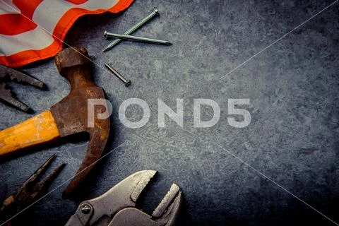 Construction tools with copy space for Labor day Stock Photos