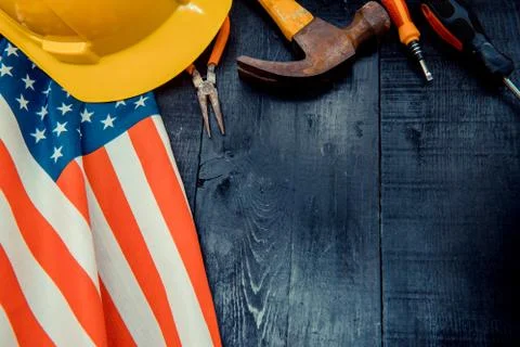Construction tools with copy space for Labor day Stock Photos