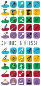 Construction tools in different style: outline, black and white silhouette, c Stock Illustration