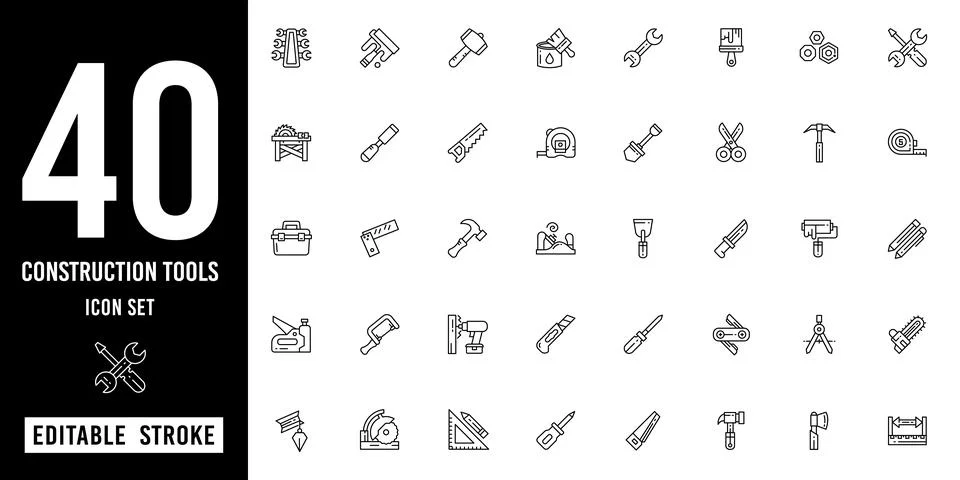 Construction Tools Editable Line Icon Set Collection Stock Illustration