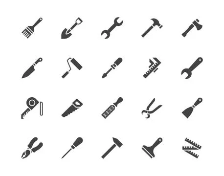 Construction tools flat glyph icons set. Hammer, screwdriver, saw, spanner Stock Illustration