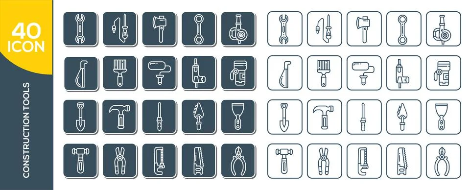 Construction tools flat line icons set. Hammer, screwdriver, saw, spanner, pa Stock Illustration