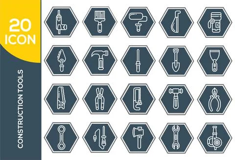 Construction tools flat line icons set. Hammer, screwdriver, saw, spanner, pa Stock Illustration