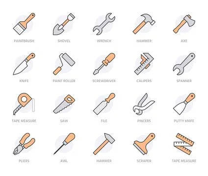 Construction tools flat line icons set. Hammer, screwdriver, saw, spanner Stock Illustration