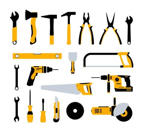 Construction tools hammer repair carpentry background. Electric home tool Stock Illustration
