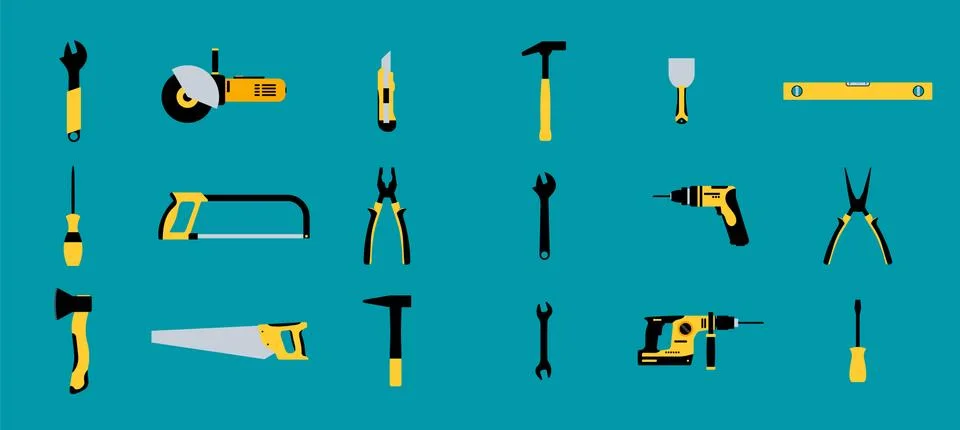 Construction tools hammer repair carpentry background. Electric home tool Illustrazione stock