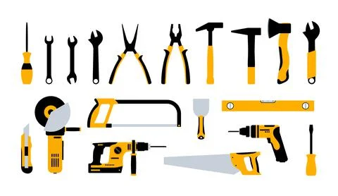 Construction tools hammer repair carpentry background. Electric home tool Stockillustratie