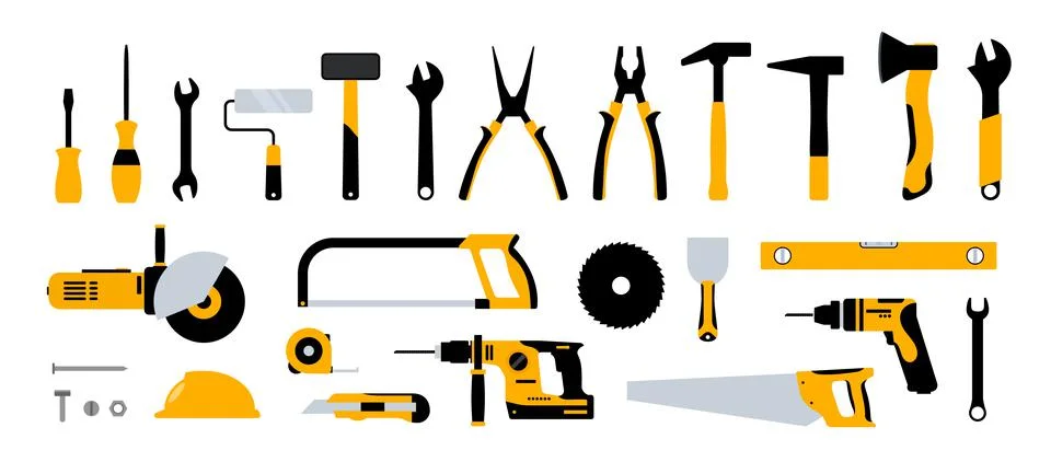 Construction tools hammer repair carpentry background. Electric home tool Illustrazione stock