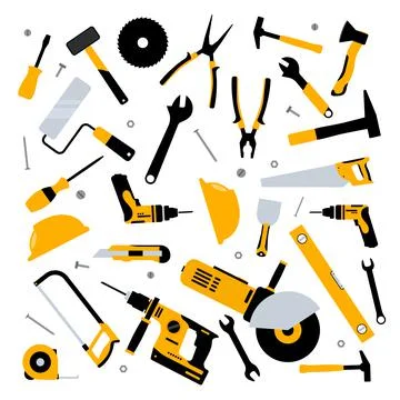 Construction tools hammer repair carpentry background. Electric home tool Stock Illustration