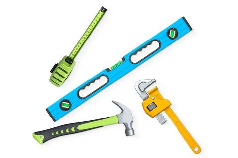 Construction tools like hammer, wrench, level, and tape measure isolated on w Stock Photos