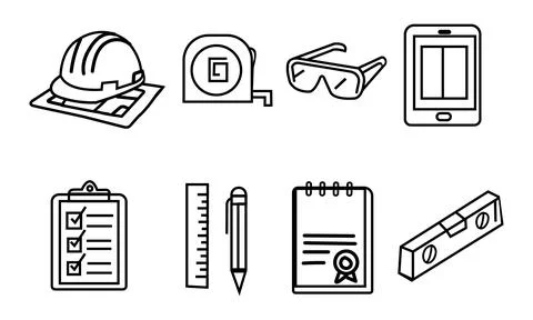 Construction Tools hard hat tape measure glasses Stock Illustration