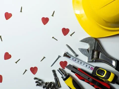 Construction tools, hard hat on white background with copy space Stock Photos