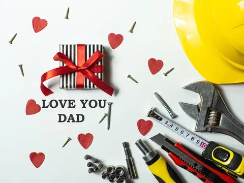 Construction tools, hard hat on white background with Happy Fathers day Stock Photos