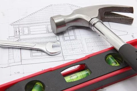 Construction tools with house blueprint Stock Photos