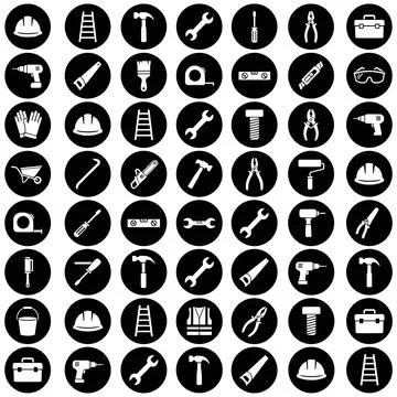 Construction tools icon set featuring hammers, drills, ladders, and safety .. Stock Illustration