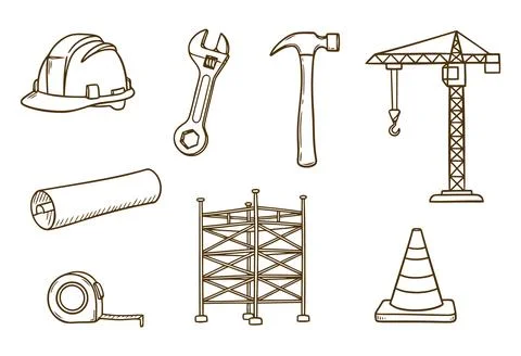 Construction Tools Icon Set with Hard Hat Crane Scaffold and Measuring Equi.. Stock Illustration