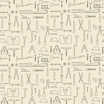 Construction tools items linear set seamless texture. Stock Illustration