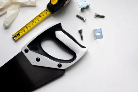 Construction Tools laid out on work bench Stock Photos