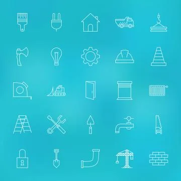 Construction Tools Line Icons Set over Blurred Background Stock Illustration