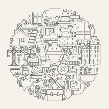 Construction Tools Line Icons Set Circle Shape Stock Illustration