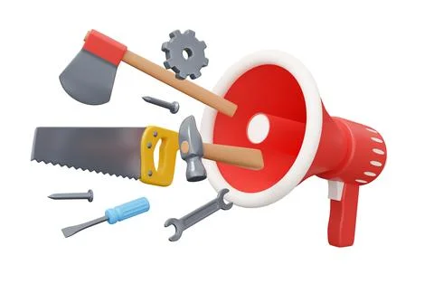 Construction tools megaphone 3d render illustration in minimal cartoon styl.. Illustrazione stock