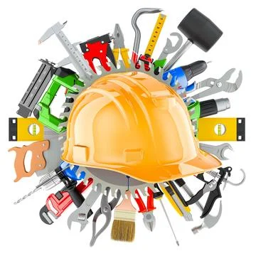 Construction Tools with orange hard hat. Assortment of work tools, 3D renderi Stock Illustration