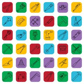 Construction tools outline icons set on a color square. Vector industrial sig Stock Illustration