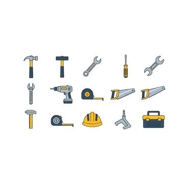 Construction tools pixel art icons: hard hat, drill, saw Stock Illustration