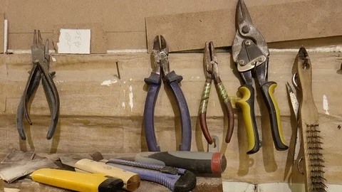 Construction tools, pliers, hammer, scissors Stock Footage 86190861