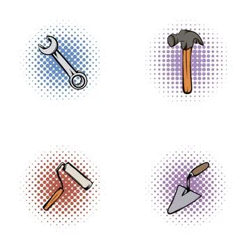 Construction tools pop art style icons for renovation Stock Illustration