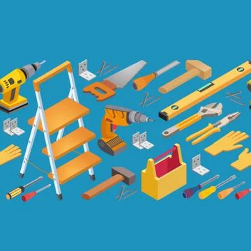 Construction tools seamless pattern. Isometric Vector set of Instruments. イラスト素材